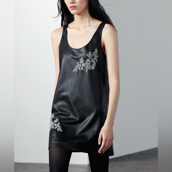 Zara Faux Leather Black Sleeveless Dress with Floral Embroidery - Picture 3 of 11